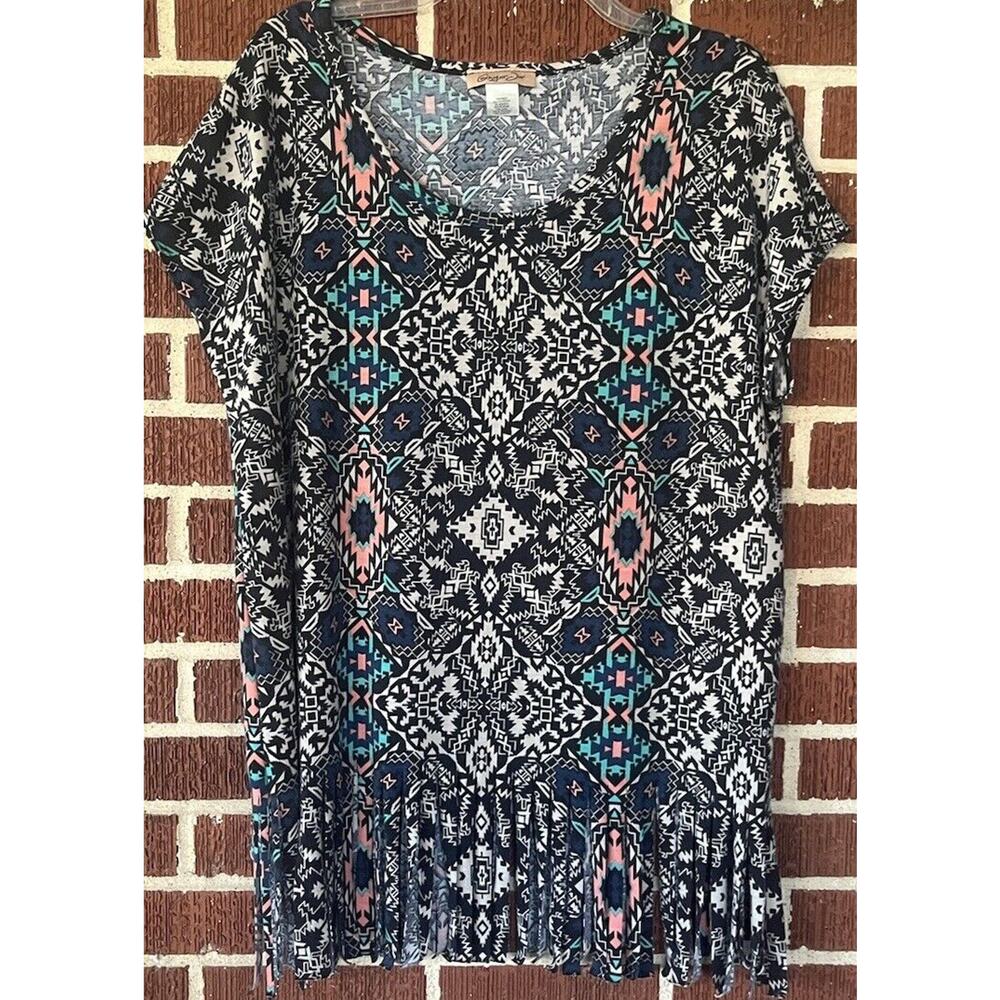 Ginger Jar Multicolored Southwestern Fringed Short Sleeve Knit Top Sz Large